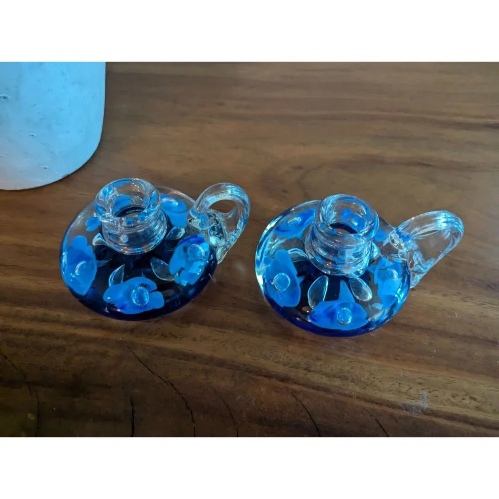 Vintage Set of 2  Joe St. Clair Glass Candle Holders cobalt blue Flowers